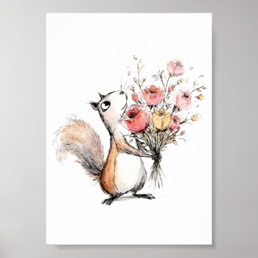 Niedliches Eichhörnchen mit Blumenstrauß Poster (Vorne)