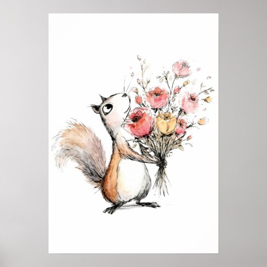 Niedliches Eichhörnchen mit Blumenstrauß Poster (Vorne)
