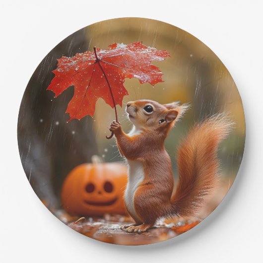 Niedliches Eichhörnchen mit Leaf-Regenschirm - Her Pappteller (Vorderseite)