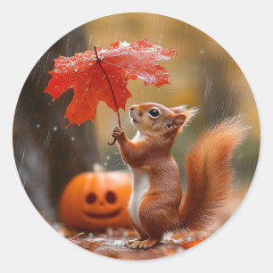 Niedliches Eichhörnchen mit Leaf-Regenschirm - Her Runder Aufkleber