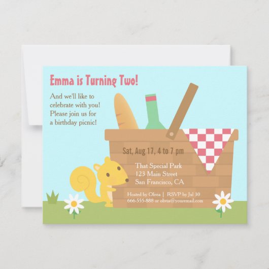 Niedliches Eichhörnchen Park Picnic Kindergeburtst Einladung (Vorderseite)