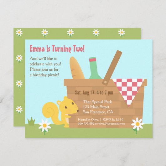 Niedliches Eichhörnchen Park Picnic Kindergeburtst Einladung (Vorne/Hinten)