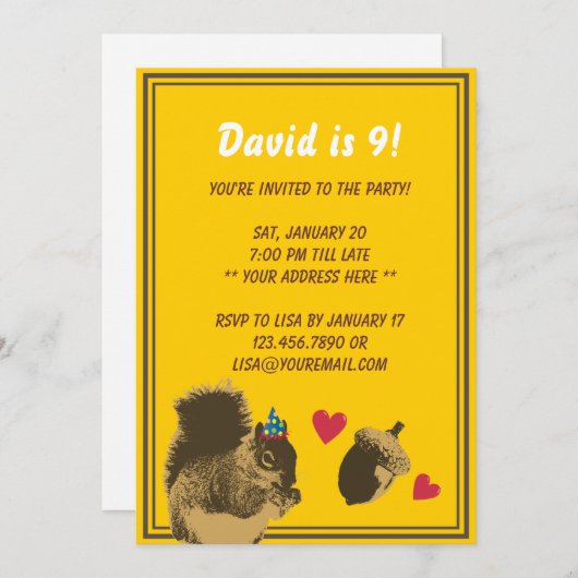 Niedliches Eichhörnchen und Eichenfrüchte Geburtst Einladung (Vorne/Hinten)