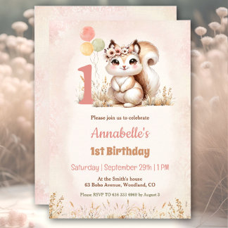 Niedliches Eichhörnchen Woodland Boho Girl 1. Gebu Einladung