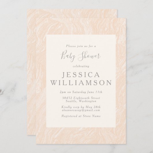 Niedliches einfaches Boho Peach Blush Marmor Babyd Einladung (Vorne/Hinten)