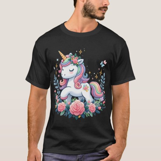 Niedliches Einhorn auf Blume T-Shirt (Vorderseite)