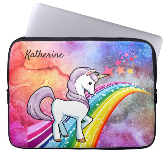 Niedliches Einhorn auf einem Regenbogen Name hinzu Laptopschutzhülle (Vorderseite)