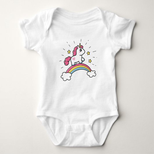 Niedliches Einhorn auf einem Regenbogendesign Baby Strampler (Vorderseite)