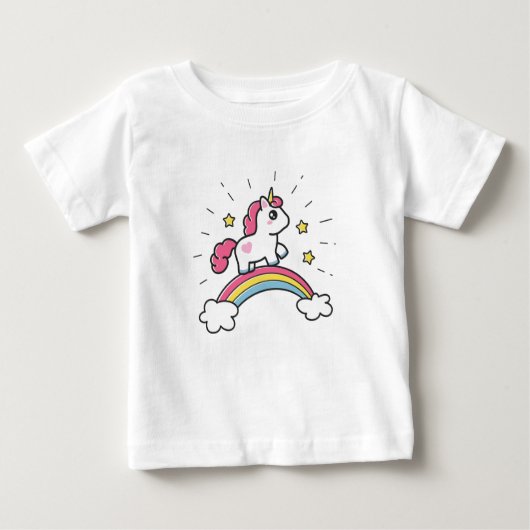 Niedliches Einhorn auf einem Regenbogendesign Baby T-shirt (Vorderseite)