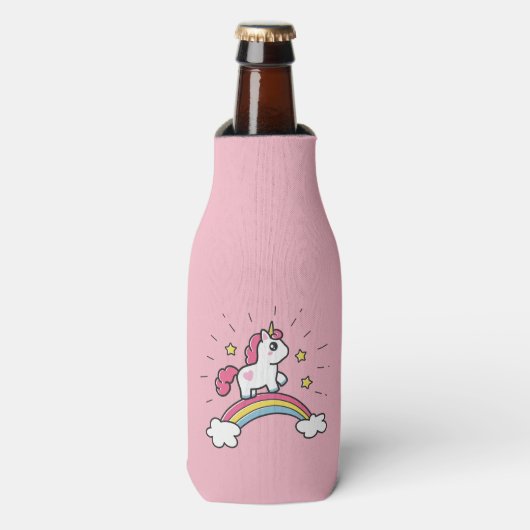 Niedliches Einhorn auf einem Regenbogendesign Flaschenkühler (Flaschenvorderseite)