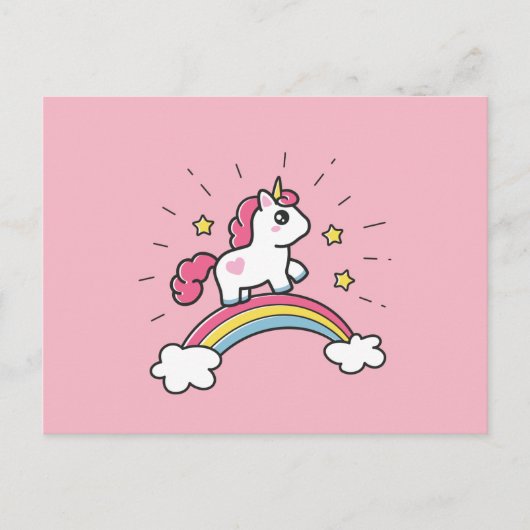 Niedliches Einhorn auf einem Regenbogendesign Postkarte (Vorderseite)