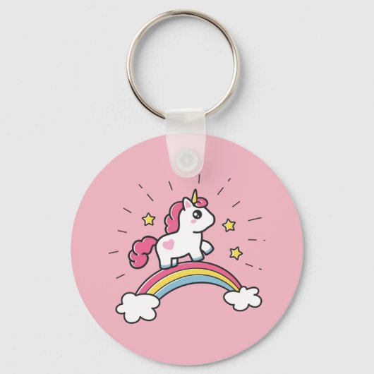 Niedliches Einhorn auf einem Regenbogendesign Schlüsselanhänger (Vorderseite)