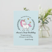 Niedliches Einhorn auf Laurels. Geburtstag. Danke. Einladung (Stehend Vorderseite)