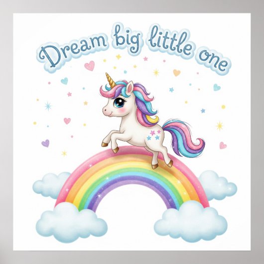 Niedliches Einhorn auf Regenbogen, Kinderzimmer dr Poster (Vorne)