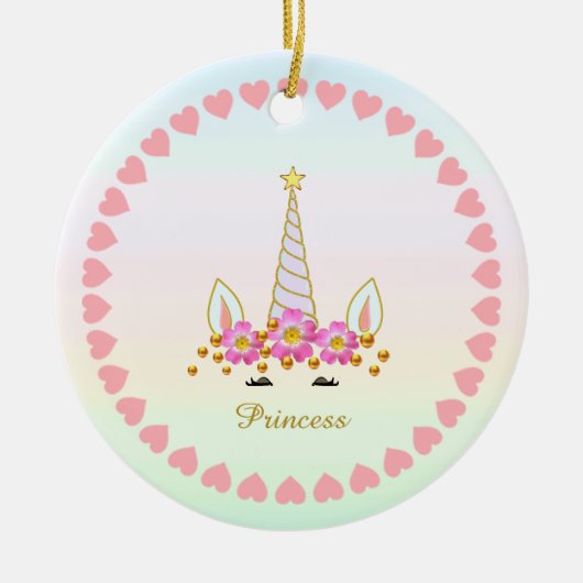 Niedliches Einhorn, Blume, Herz und Goldfetti Keramik Ornament (Vorne)