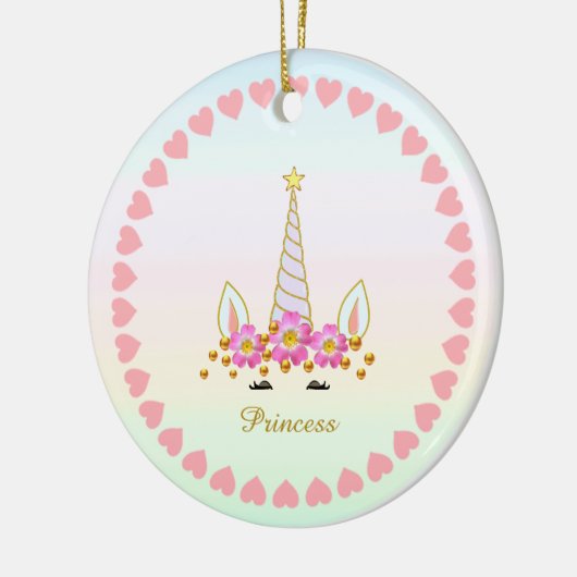 Niedliches Einhorn, Blume, Herz und Goldfetti Keramik Ornament (Links)