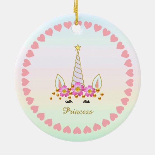 Niedliches Einhorn, Blume, Herz und Goldfetti Keramik Ornament (Hinten)