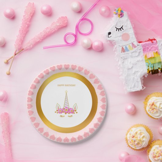 Niedliches Einhorn, Blume und Goldkonfetti Geburts Pappteller (Party)