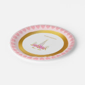 Niedliches Einhorn, Blume und Goldkonfetti Geburts Pappteller (Schrägansicht)