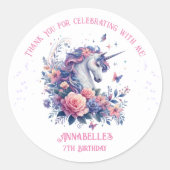 Niedliches Einhorn Blütenrosa Lila Mädchen Geburts Runder Aufkleber (Vorderseite)