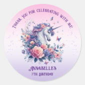Niedliches Einhorn Blütenrosa Lila Mädchen Geburts Runder Aufkleber (Vorderseite)