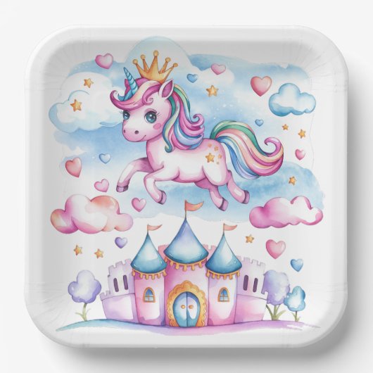 Niedliches Einhorn Burg Magisches Land Pappteller (Vorderseite)