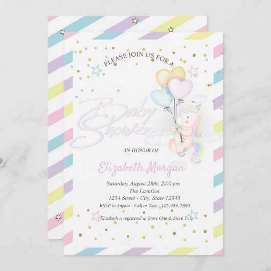 Niedliches Einhorn, Cloud, Balloons Stars Kinderdu Einladung (Vorne/Hinten)