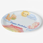 Niedliches Einhorn Dinosaurier Regenbogen Geburtst Pappteller (Schrägansicht)