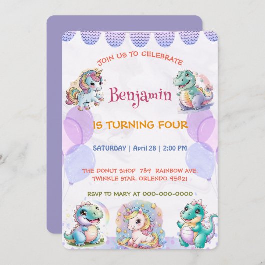 Niedliches Einhorn Dinosaurier Regenbogenfreund Ge Einladung (Vorne/Hinten)