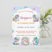 Niedliches Einhorn Dinosaurier Regenbogenfreunde G Einladung (Stehend Vorderseite)