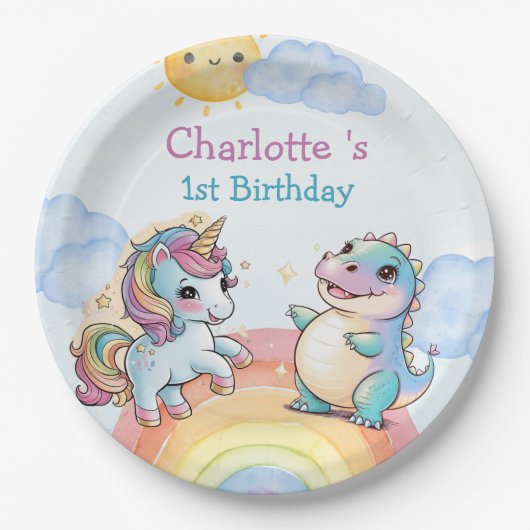Niedliches Einhorn Dinosaurier Regenbogenfreunde G Pappteller (Vorderseite)