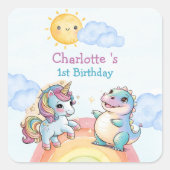 Niedliches Einhorn Dinosaurier Regenbogenfreunde G Quadratischer Aufkleber (Vorderseite)