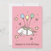 Niedliches Einhorn Fliegen auf Balloons Geburtstag Einladung (Rückseite)