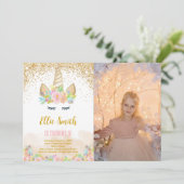 Niedliches Einhorn Foto Einladung (Stehend Vorderseite)