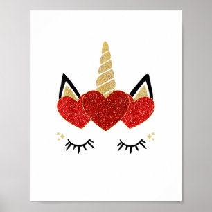 Niedliches Einhorn-Gesicht Valentinstag Herz für F Poster