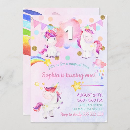 Niedliches Einhorn Girl Erstgeburt Magischer Regen Einladung (Vorne/Hinten)