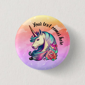 Niedliches Einhorn im farbenfrohen Himmel Button