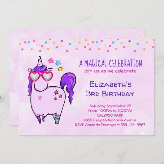 Niedliches Einhorn in Herz-Shaped Brille Geburtsta Einladung (Vorne/Hinten)