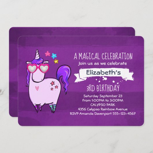 Niedliches Einhorn in Herz-Shaped Brille Geburtsta Einladung (Vorne/Hinten)