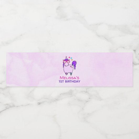 Niedliches Einhorn in Herz-Shaped Brille Geburtsta Wasserflaschenetikett (Einzelnes Label)
