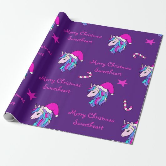 Niedliches Einhorn in rosa Weihnachtsmannmütze zu  Geschenkpapier (Ungerollt)