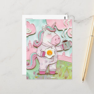 Niedliches Einhorn mit Kaffee und Ei Postkarte
