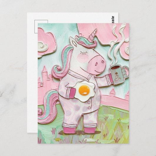 Niedliches Einhorn mit Kaffee und Ei Postkarte (Vorne/Hinten)