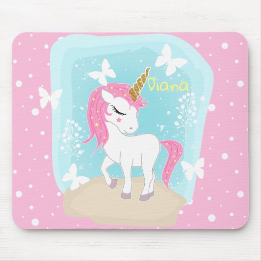Niedliches Einhorn mit Schmetterlingen. Mousepad (Vorne)