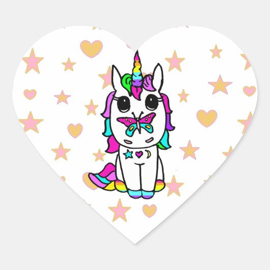 Niedliches Einhorn mit Schmetterlingsstars und Her Herz-Aufkleber (Vorderseite)