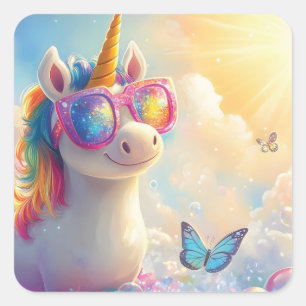 Niedliches Einhorn mit Sonnenbrille: Magisch und S Quadratischer Aufkleber