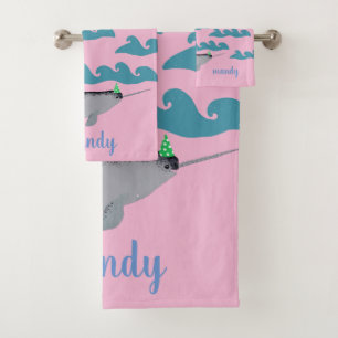 Niedliches Einhorn Narwhal Whale Sea Kids Name Ros Badhandtuch Set