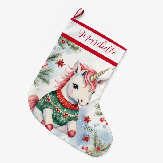 Niedliches Einhorn Personalisiert Großer Weihnachtsstrumpf (Vorderansicht (hängend))