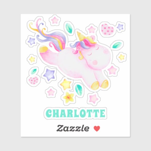 Niedliches Einhorn - Personalisierter Lavendel Kin Aufkleber (Blatt)
