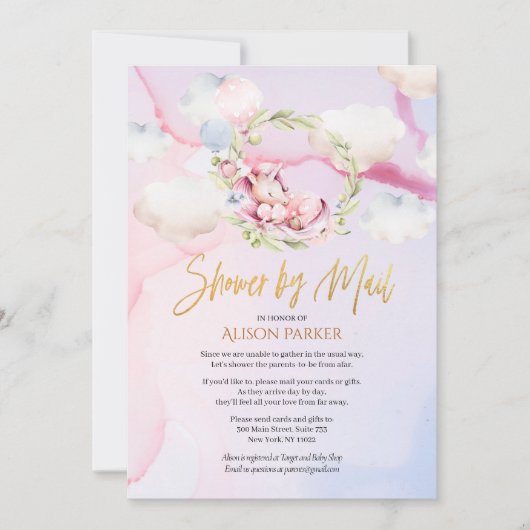 Niedliches Einhorn Pink Sky Baby Dusche per Mail Einladung (Vorderseite)